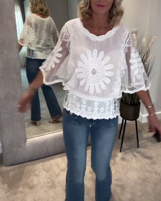 Bluse Bestickt Fledermaus Spitze