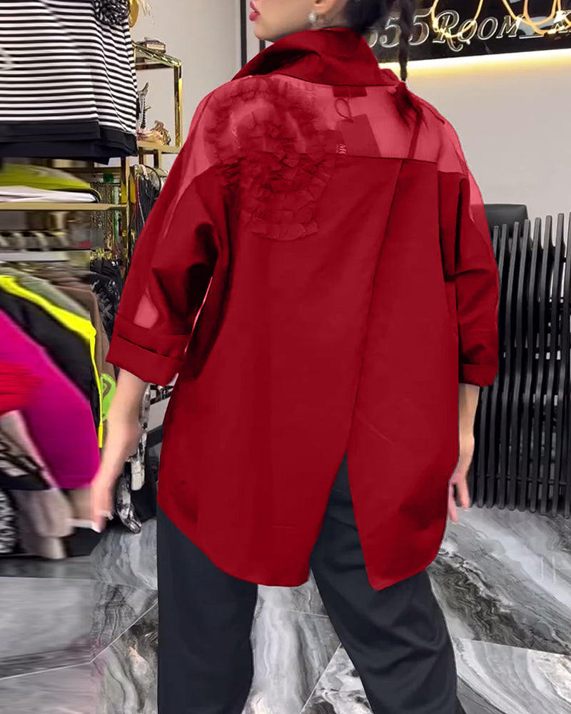 Revers-spitzen-patchwork-bluse mit blumenmuster