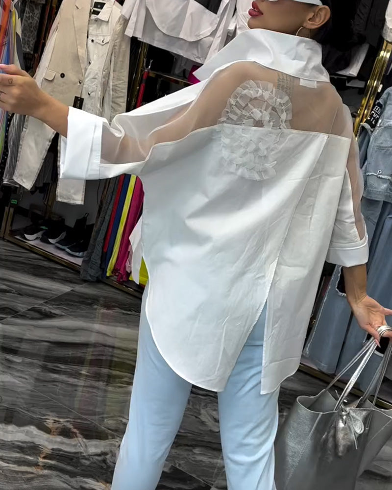 Revers-spitzen-patchwork-bluse mit blumenmuster