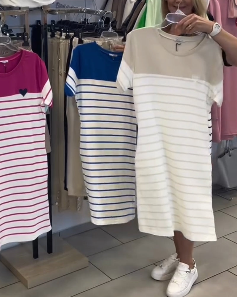 Kleid Rundhals-Ausschnitt Casual Gestreift