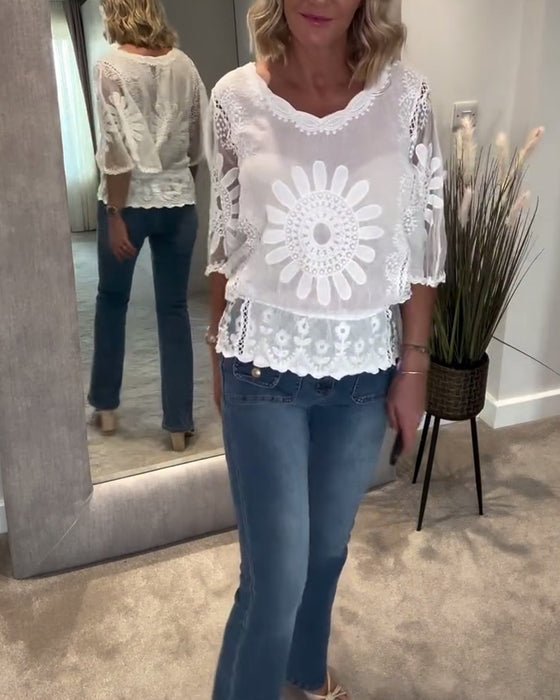 Bluse Bestickt Fledermaus Spitze