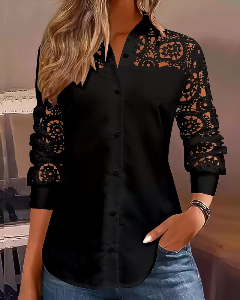 Bluse Uni-Farbe Revers Spitze Patchwork