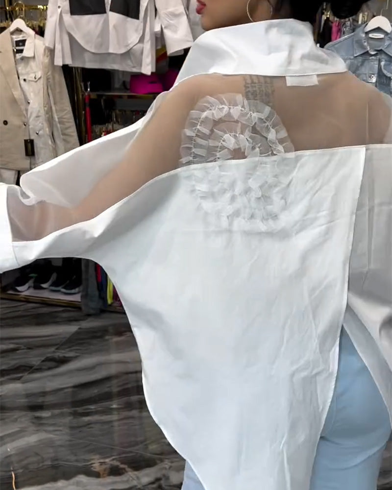 Revers-spitzen-patchwork-bluse mit blumenmuster