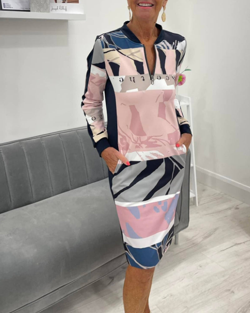 Kleid mit langen Ärmeln und Tasche im Farbblockdesign