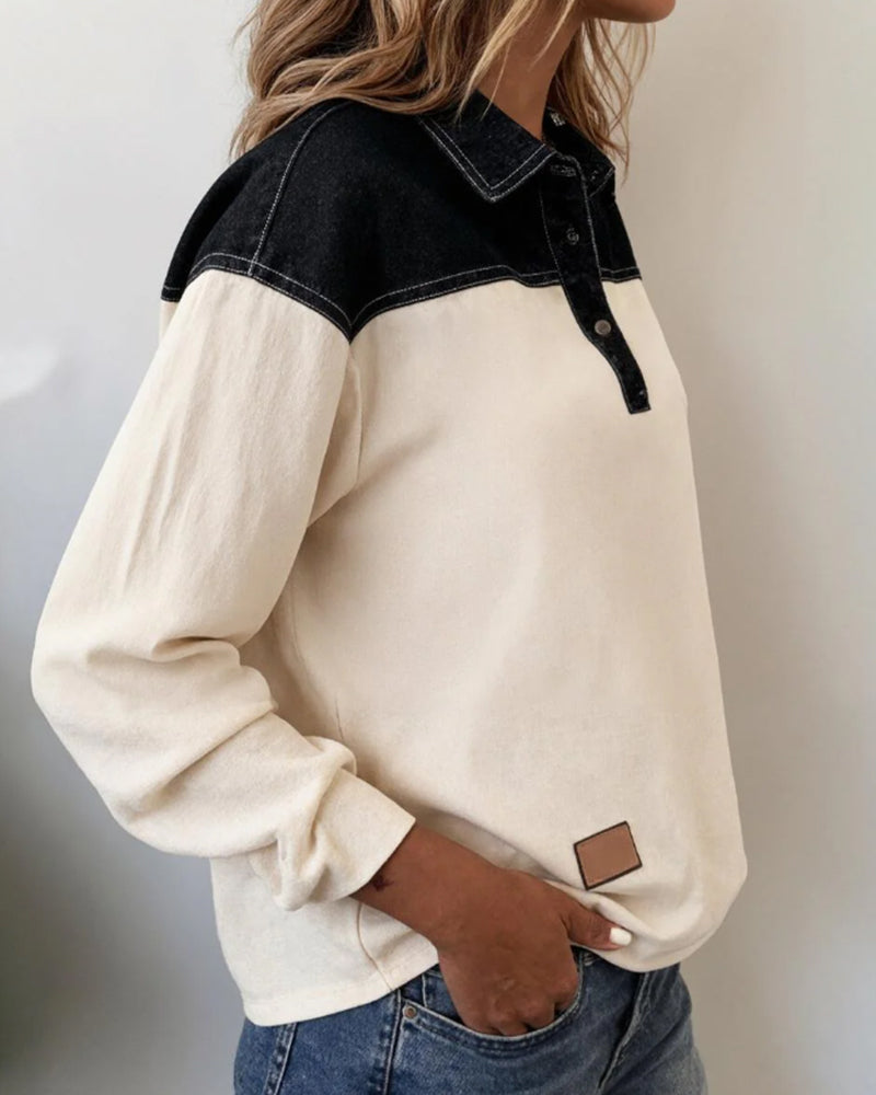 Bluse lässig Revers Denim Patchwork