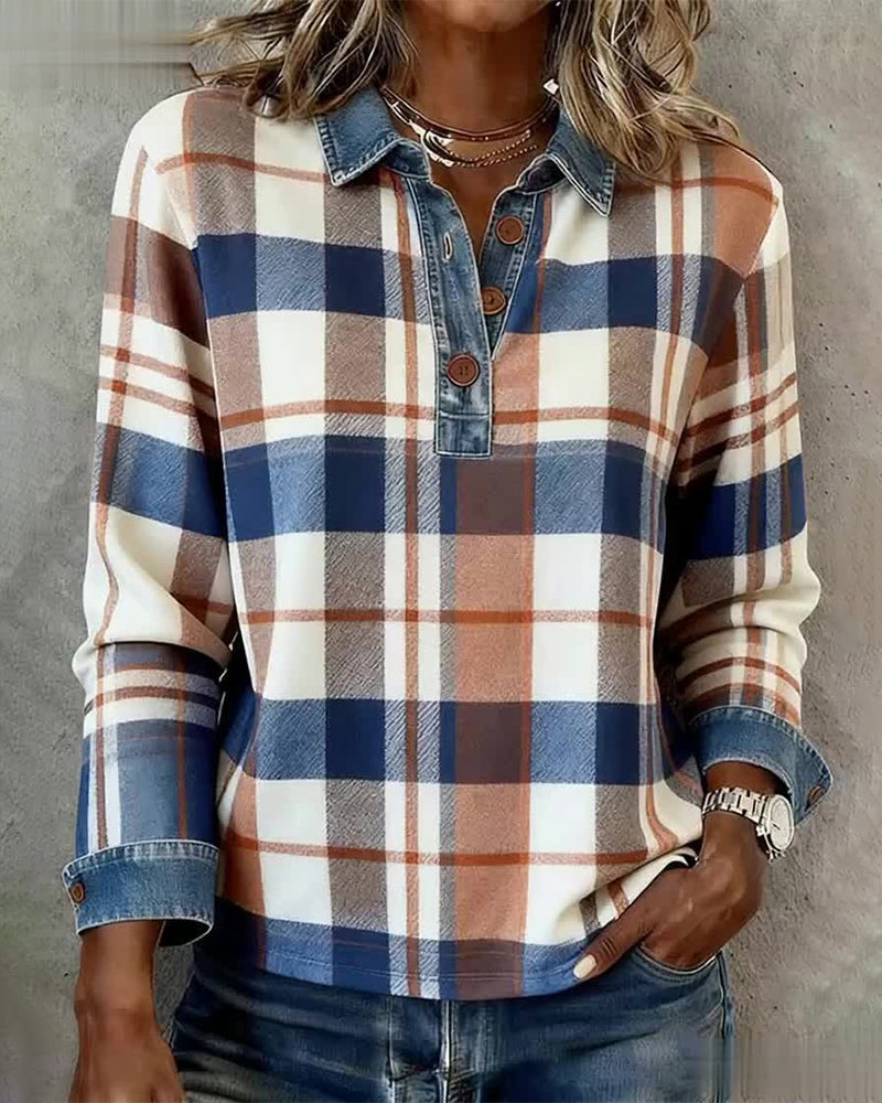 Bluse lässig Denim Patchwork kariert