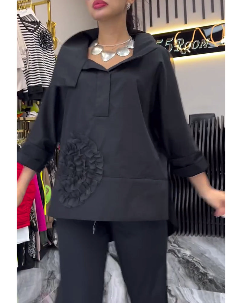 Revers-spitzen-patchwork-bluse mit blumenmuster