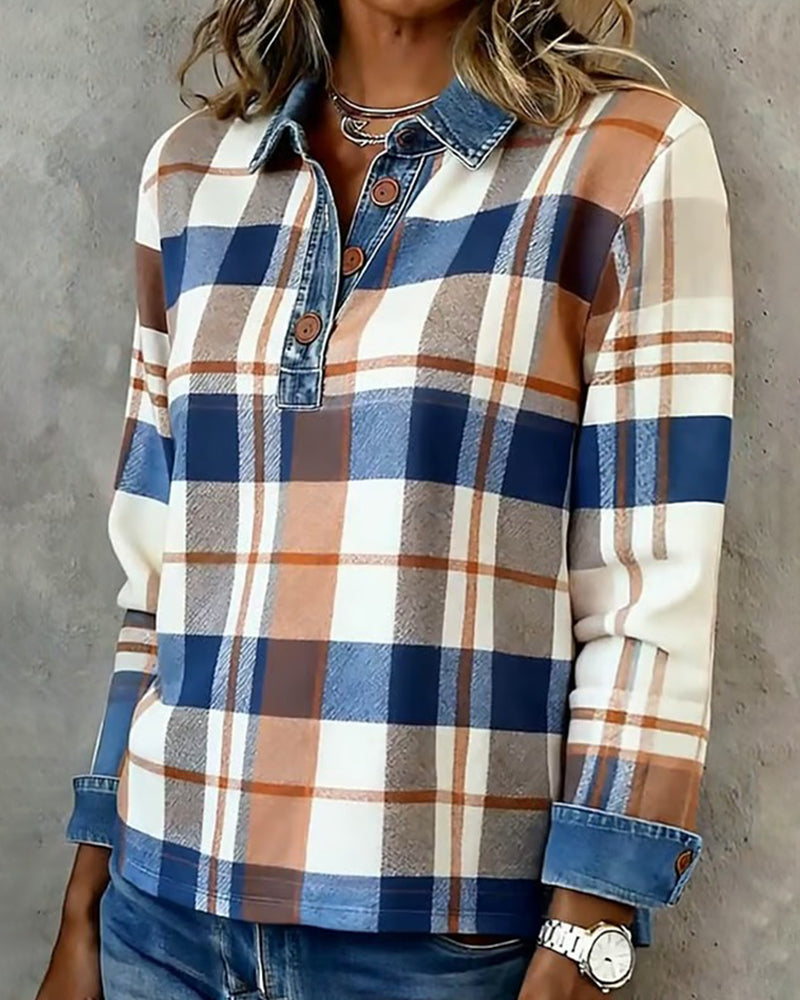 Bluse lässig Denim Patchwork kariert