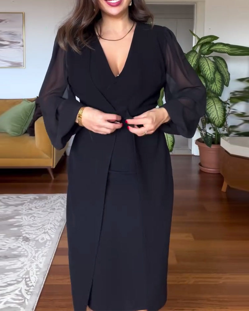 Kleid mit V-Ausschnitt und Laternenärmeln, schmal