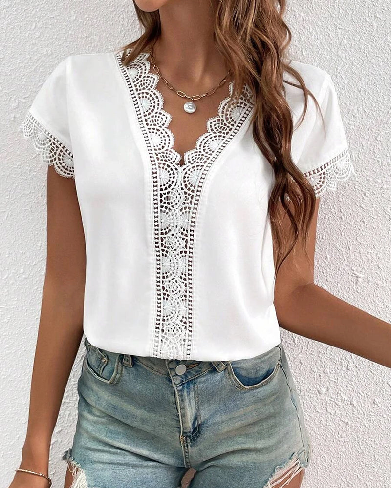 T-Shirt Spitze Hohl Einfarbig