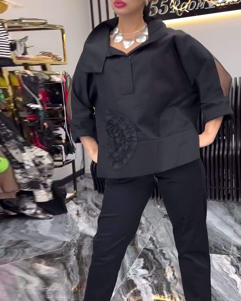 Revers-spitzen-patchwork-bluse mit blumenmuster