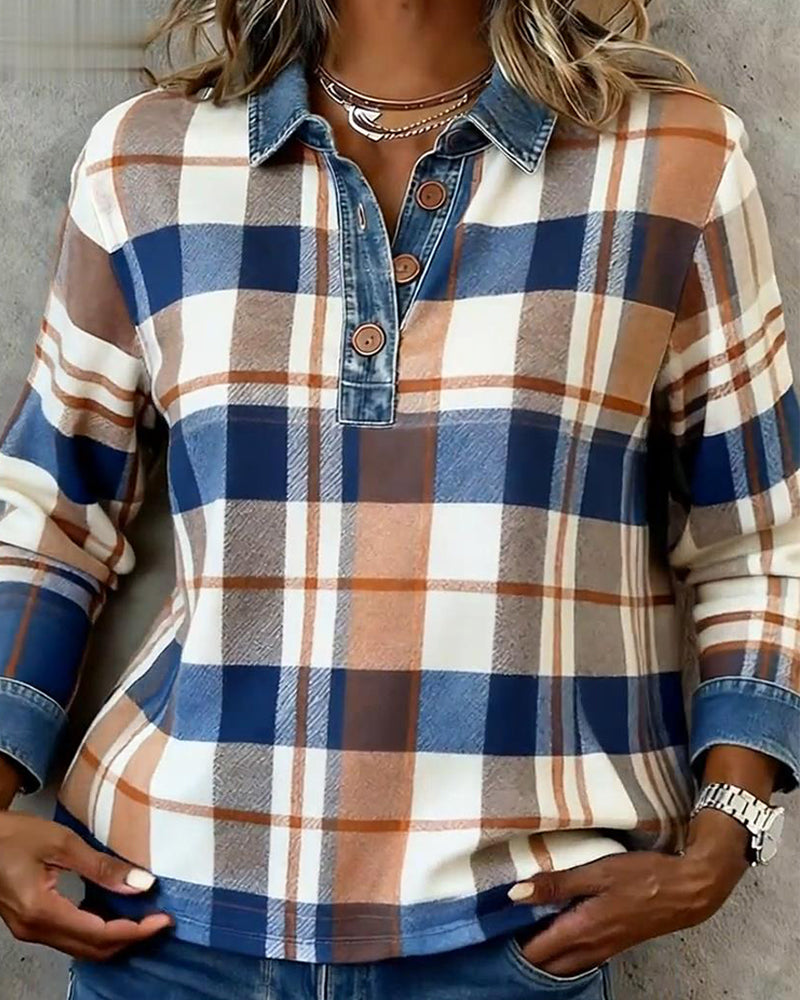 Bluse lässig Denim Patchwork kariert