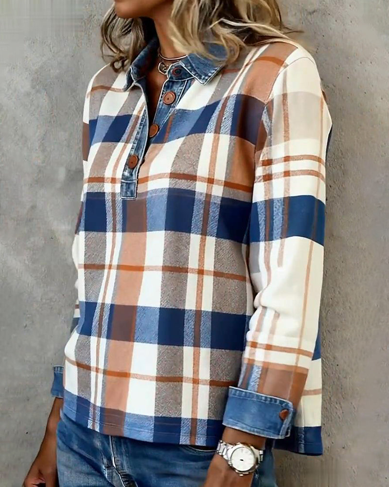 Bluse lässig Denim Patchwork kariert
