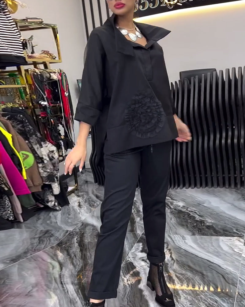 Revers-spitzen-patchwork-bluse mit blumenmuster