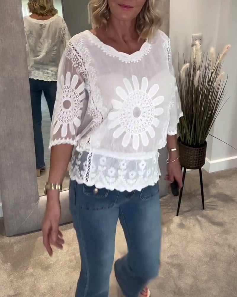 Bluse Bestickt Fledermaus Spitze