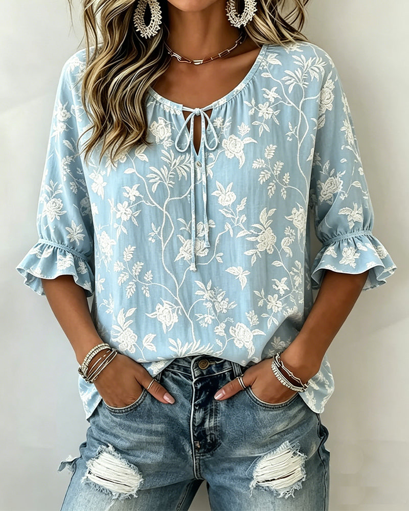 Bluse Bindung Rüsche Print