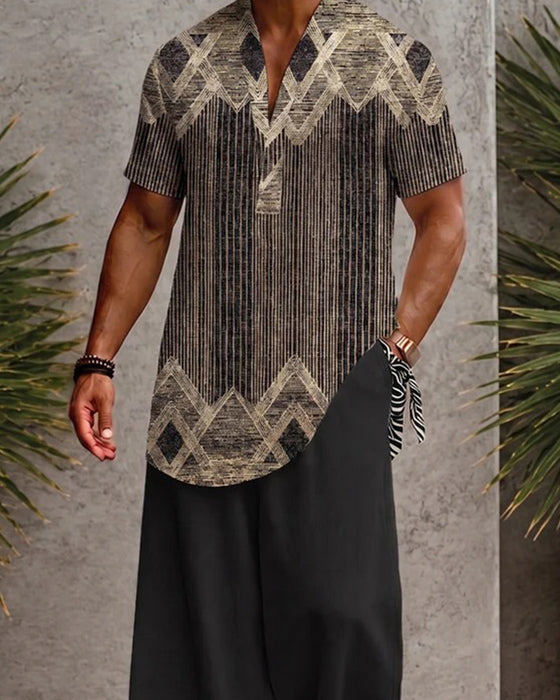 Bluse V-Ausschnitt Gestreift Herren Kurzarm