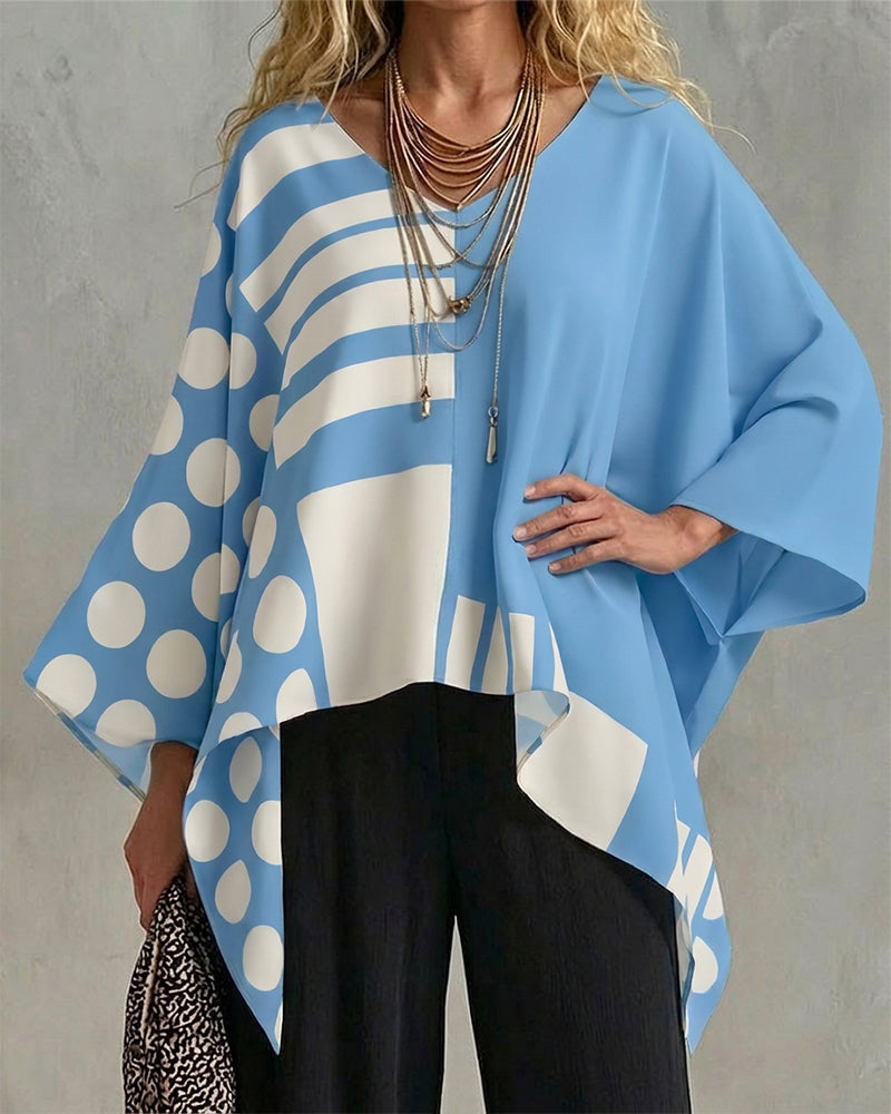Bluse Polka Dot Streifen Patchwork V Ausschnitt