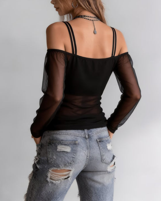 T-Shirt Spaghettiträger Off-Shoulder Sheer