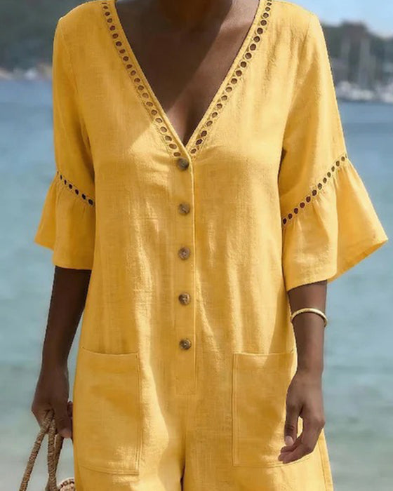Jumpsuit V-Ausschnitt Unifarben ausgeschnitten