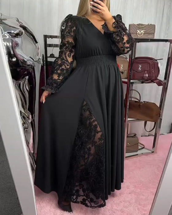 Kleid Spitze Stitching V-Ausschnitt A-Saum