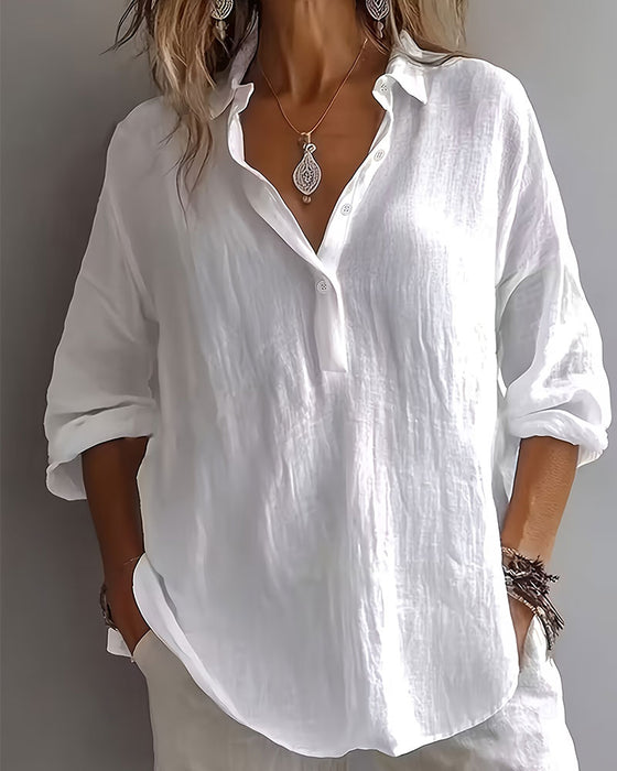 Bluse Einfarbig Revers Halbe Knopfleiste Langarm