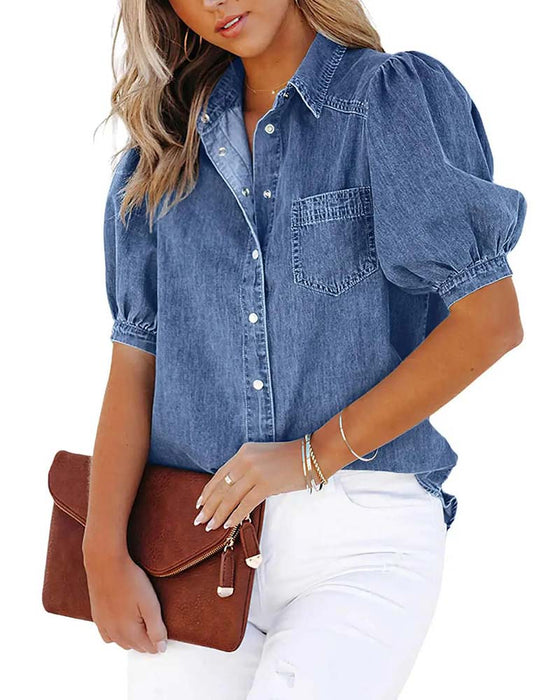 Hemd Druckknopf Denim Laternenärmel Locker