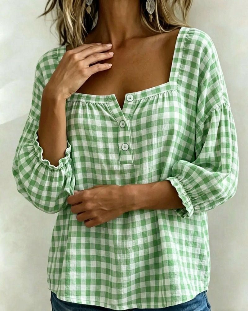 Bluse Quadratischer Ausschnitt Knopfleiste Karo
