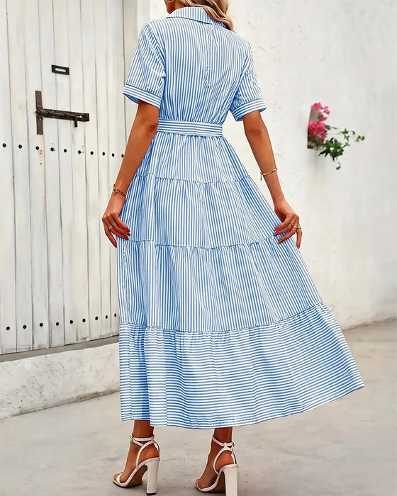 Kleid Gestreift Tailliert Gestuft Hemd Maxi