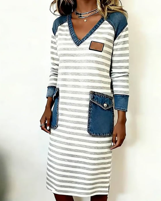 Kleid Mode Denim Patchwork V-Ausschnitt