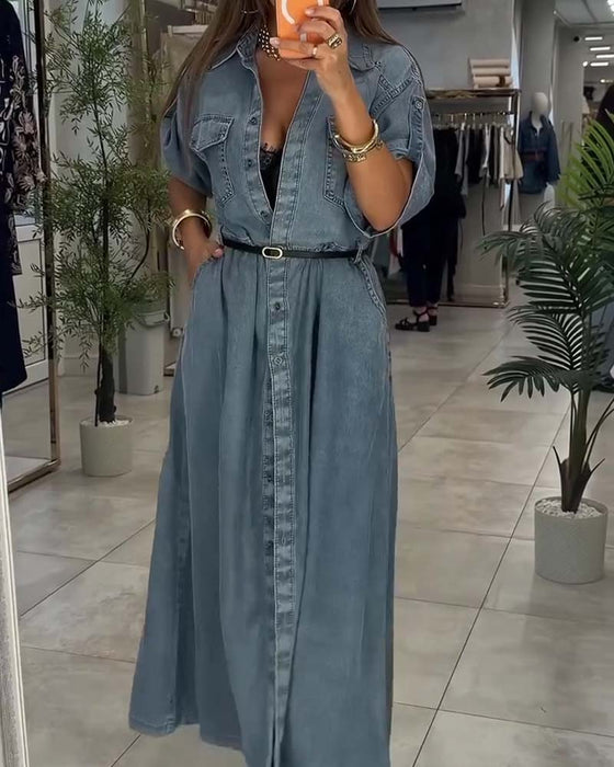 Kleid Hemd Kragen Tasche Knopf Denim