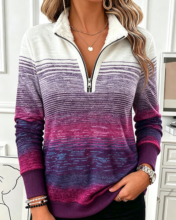 Sweatshirt Halber Reißverschluss Farbverlauf Stehkragen