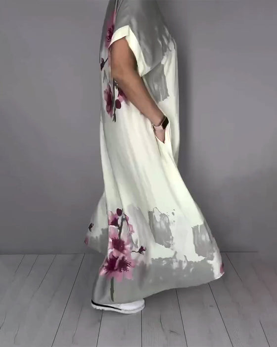 Kleid Tinte Waschen Pfirsichblüte V-Ausschnitt Maxi