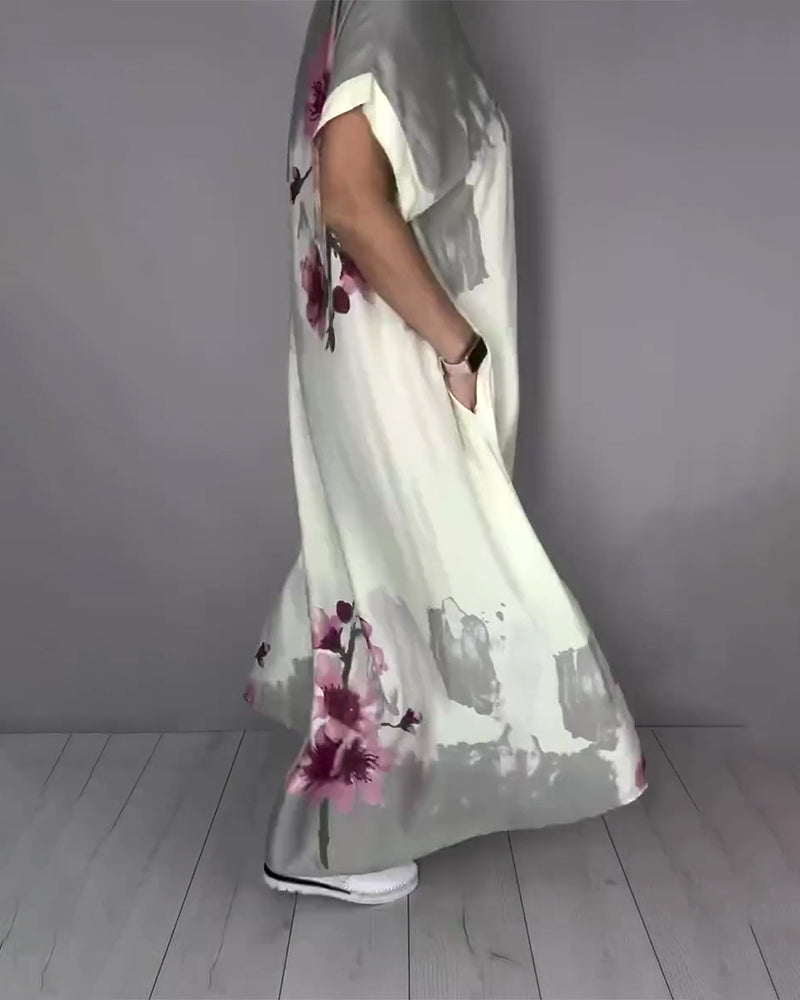 Kleid Tinte Waschen Pfirsichblüte V-Ausschnitt Maxi