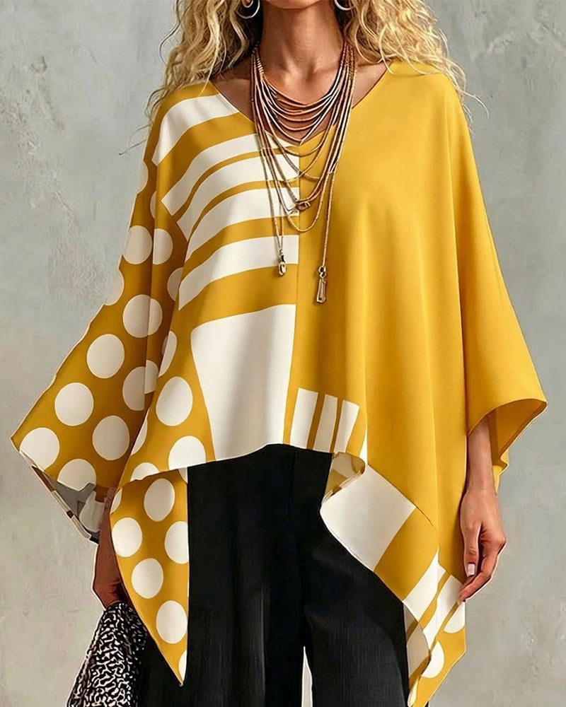 Bluse Polka Dot Streifen Patchwork V Ausschnitt