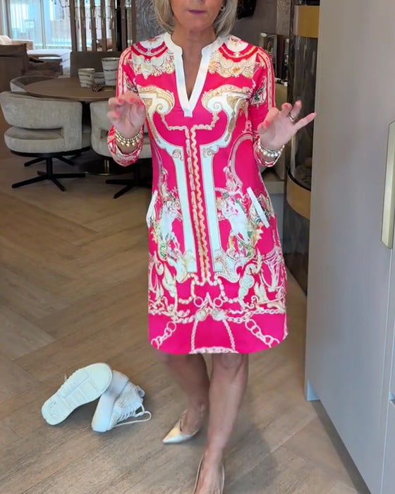 Kleid V-Ausschnitt Dreiviertelarm Bedruckt Gerade