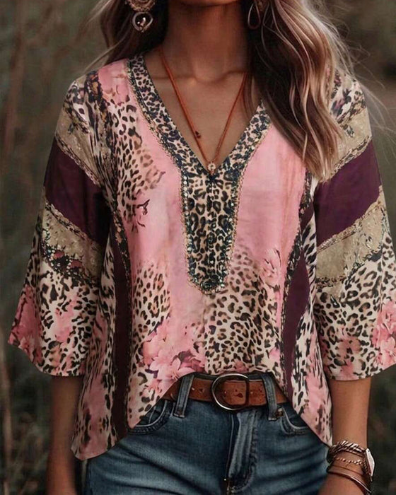Bluse V-Ausschnitt Leopard Farbblock