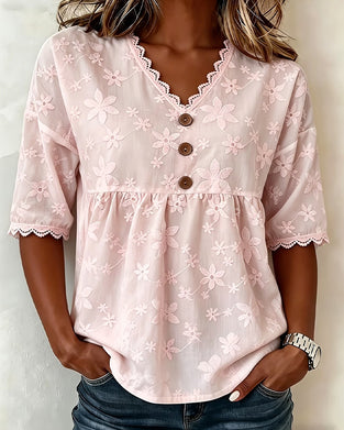 Bluse Dreidimensionale Blume V-Ausschnitt Halbarm