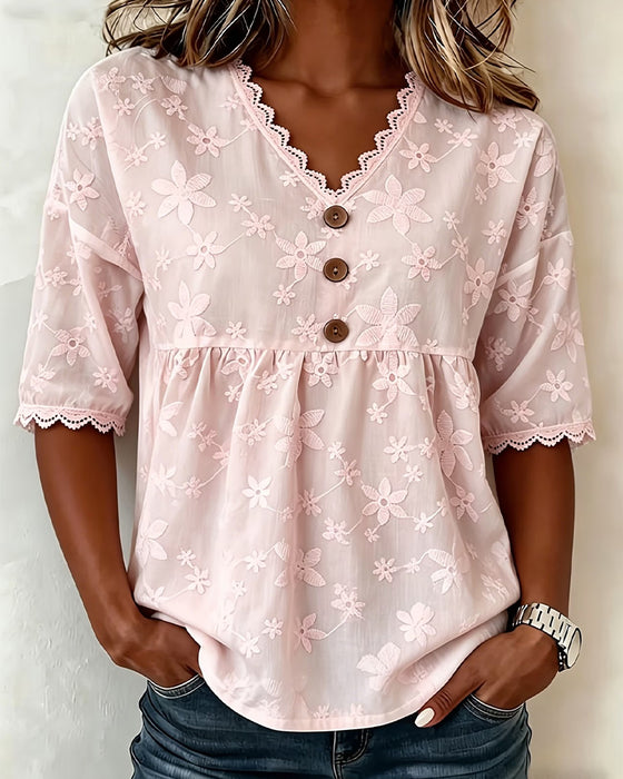 Bluse Dreidimensionale Blume V-Ausschnitt Halbarm
