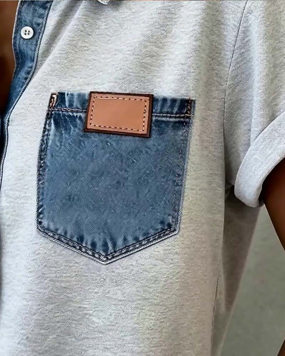 T-Shirt Denim Patchwork Umlegekragen