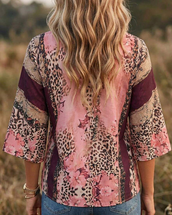 Bluse V-Ausschnitt Leopard Farbblock