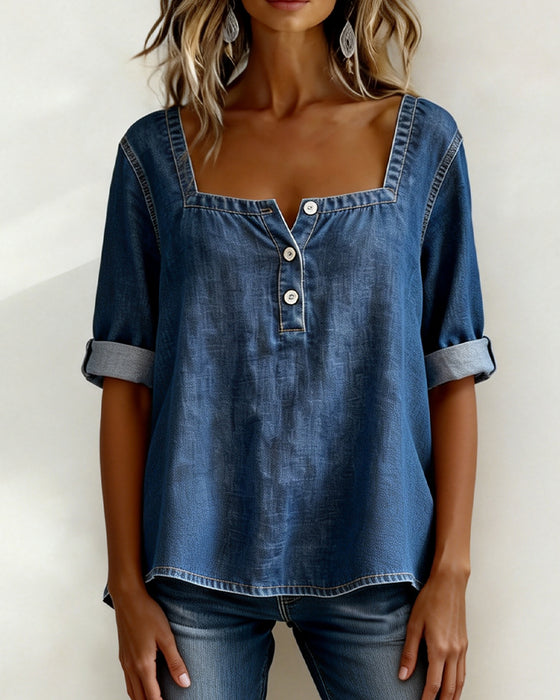 Hemd Quadratischer Ausschnitt Denim Halbarm