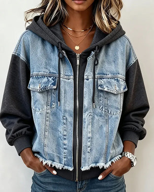 Mantel Denim Patchwork Mit Kapuze Sweatshirt