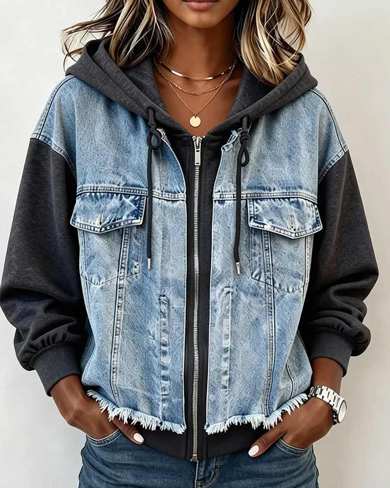 Mantel Denim Patchwork Mit Kapuze Sweatshirt