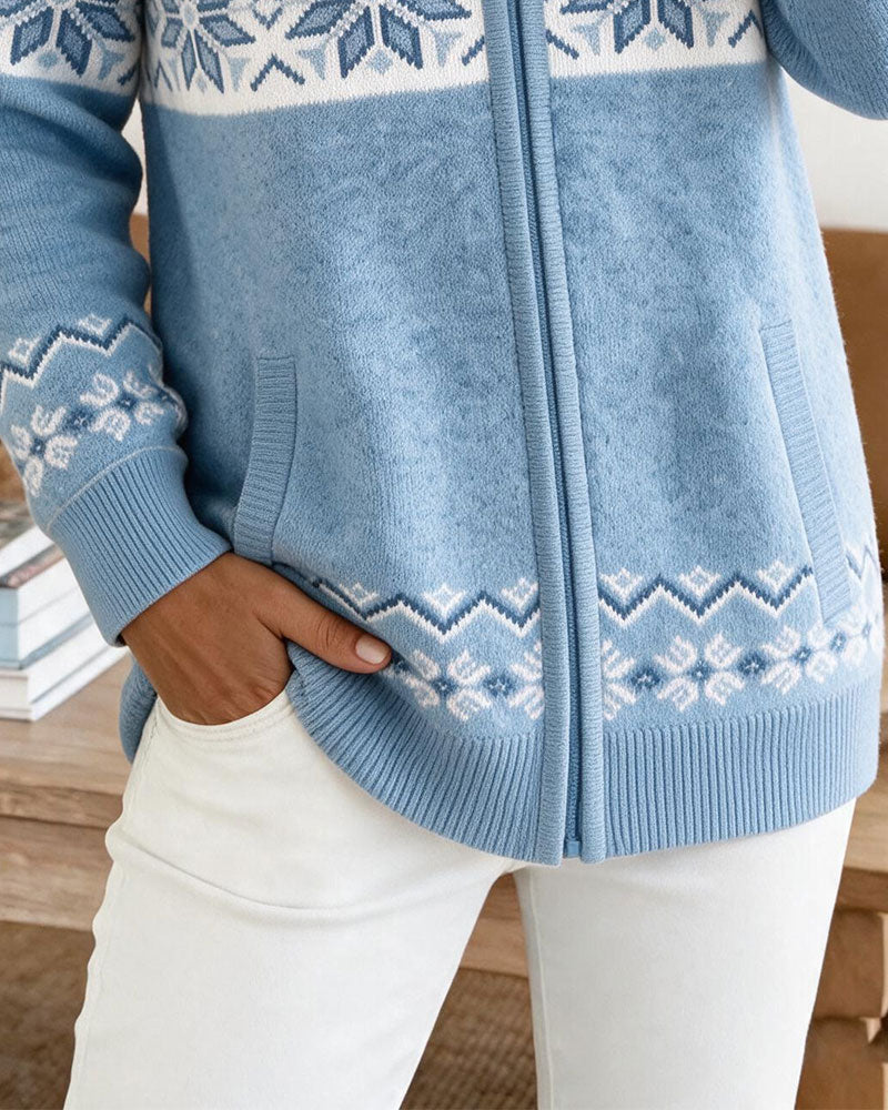 Strickjacke Mit Kapuze Reißverschluss Schneeflocke Druck