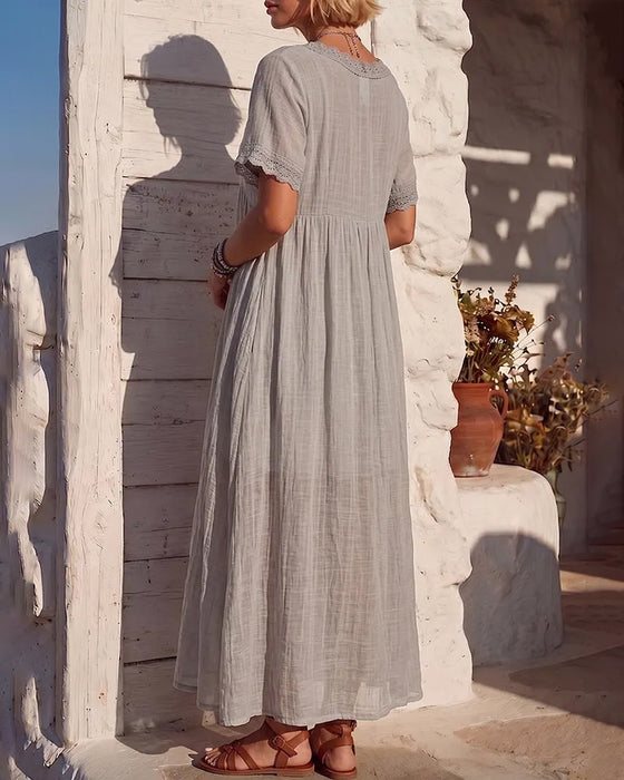 Kleid V-Ausschnitt Gerafft Spitze Patchwork