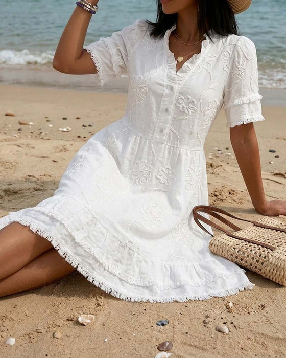 Kleid Stehkragen Halbe Knopfleiste Franse