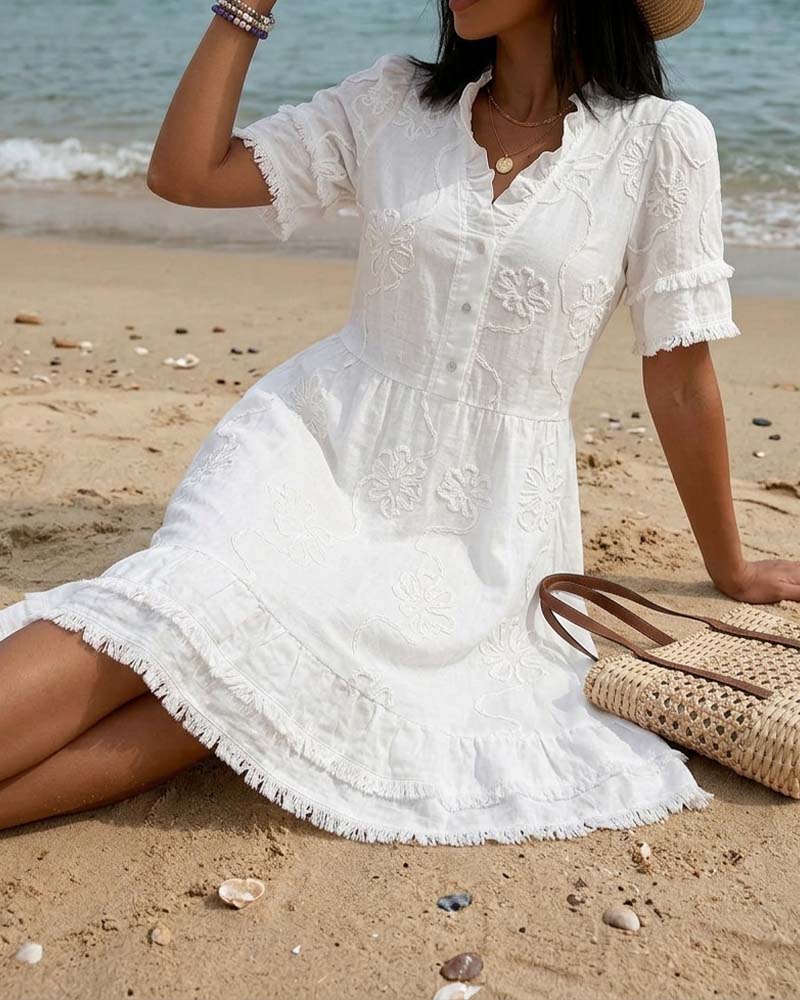 Kleid Stehkragen Halbe Knopfleiste Franse