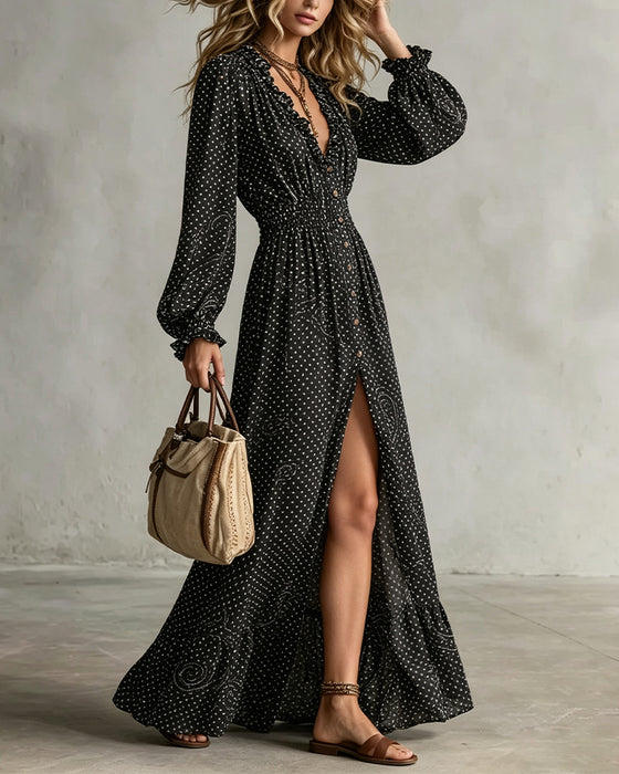 Kleid Laternenärmel V-Ausschnitt Tupfen Schlitz