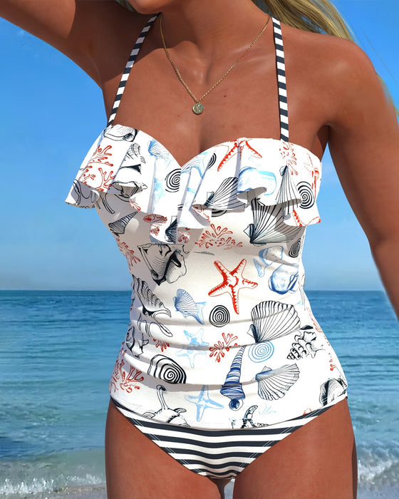 Einteiler Badeanzug Rüschen Streifenprint